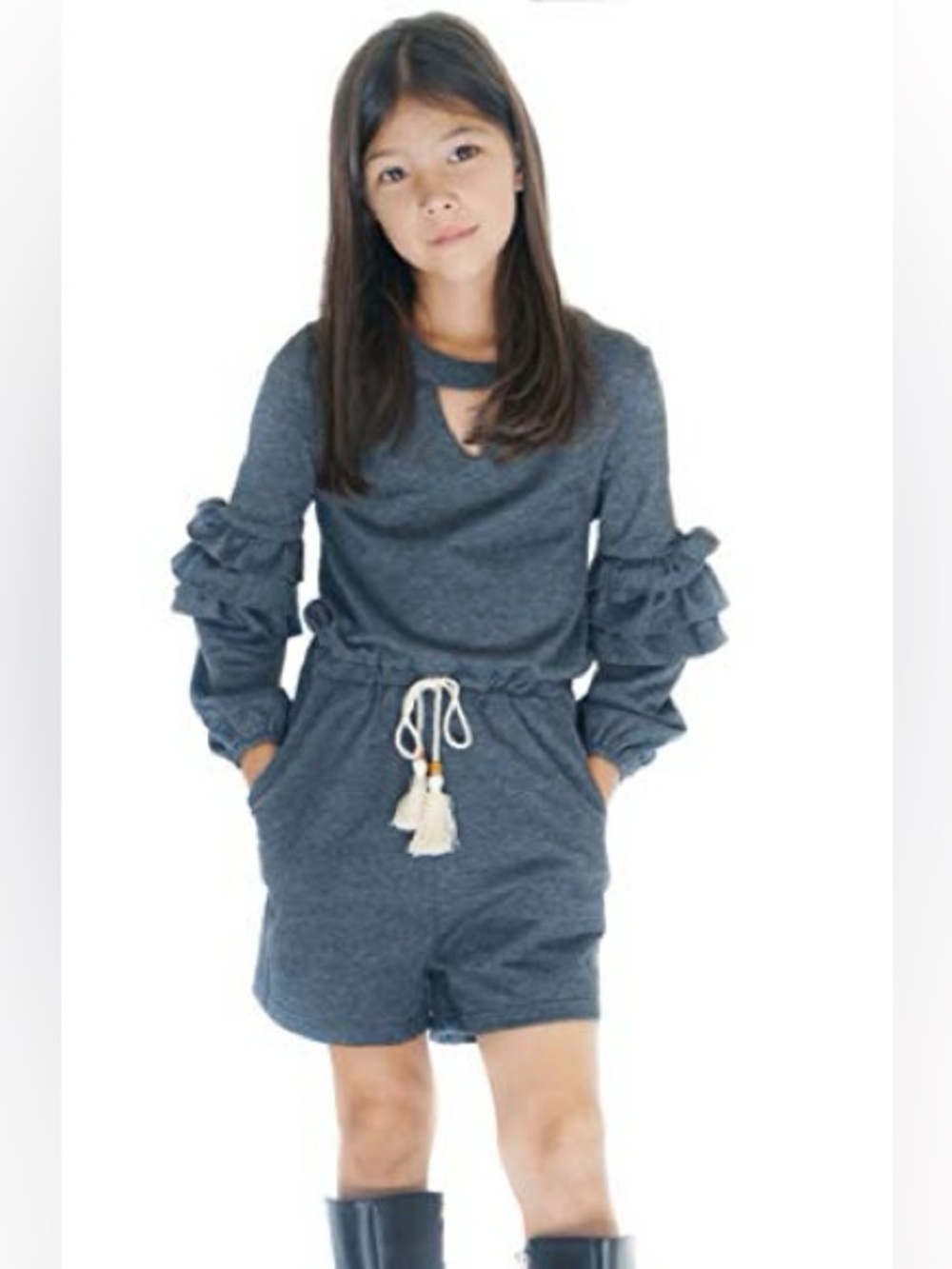 Girls Navy Ruffle-Sleeve Knit Romper with Tassel Tie